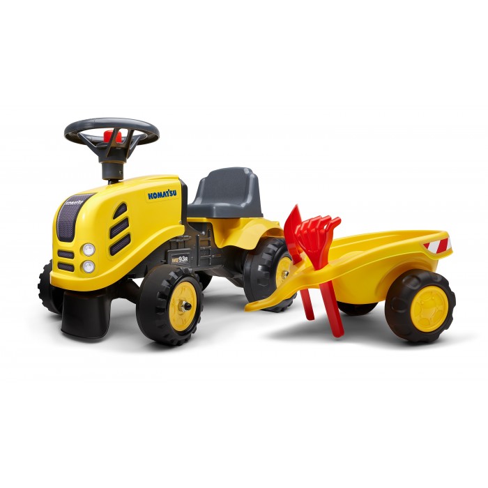 Falk Komatsu Tractor with Trailer, Rake and Shovel, 2 Sets of Stickers, Ride-on and Push-along +1 Year FA286C