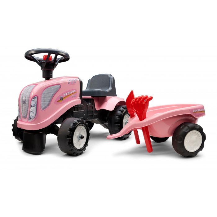 Falk New Holland Pink Tractor with Trailer, Rake and Shovel, 2 Sets of Stickers, Ride-on and Push-along +1 Year FA288C