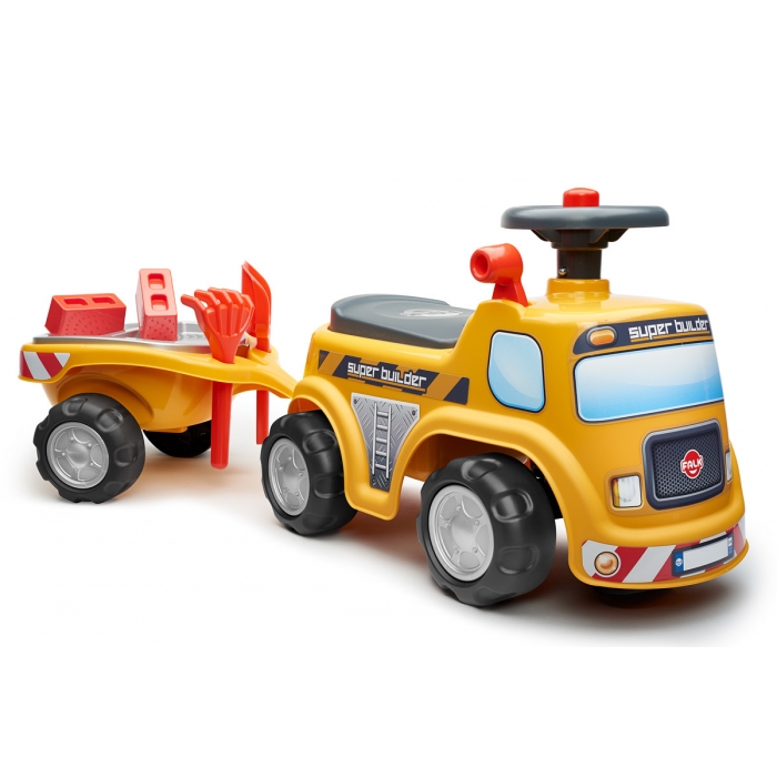 Falk Yellow Super Builder, Ride-on and Push-along Vehicle Toy, with Trailer and Sand Playset, +1 Year FA706C