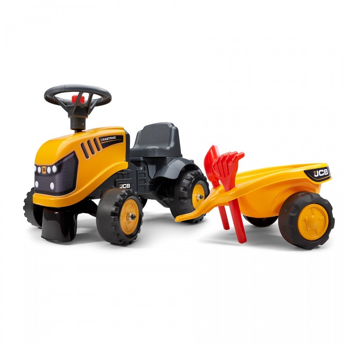 Falk JCB Tractor with Trailer, Rake and Shovel, 2 Stickers Set, Ride-on and Push-along +1 Year FA215C